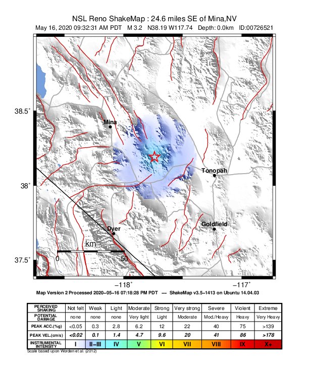 USGS ShakeMap: estimated shaking intensity around the epicenter