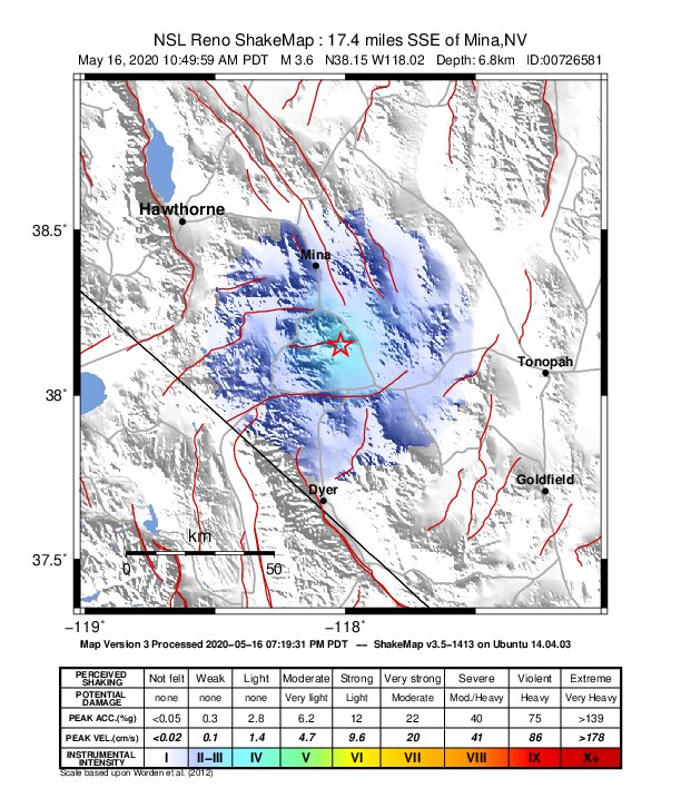 USGS ShakeMap: estimated shaking intensity around the epicenter