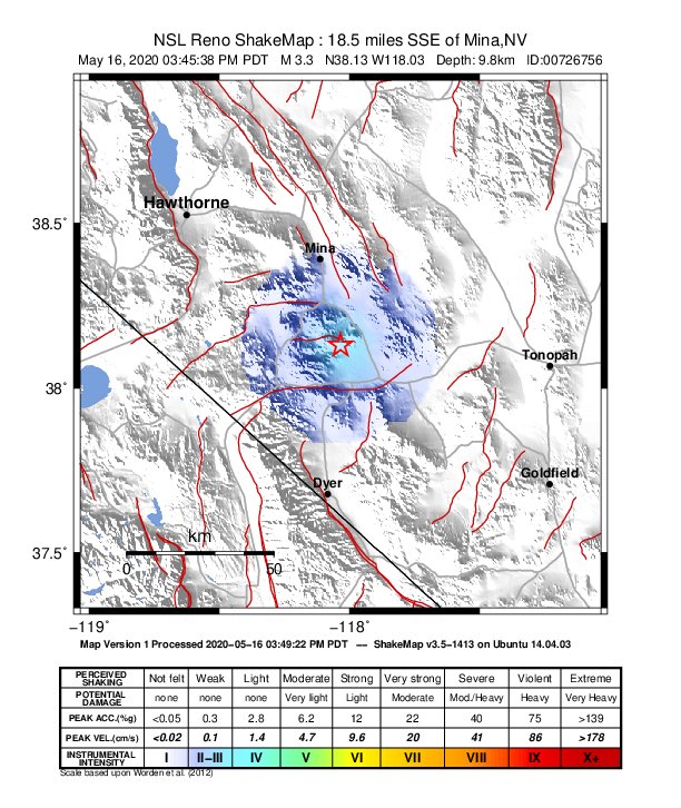 USGS ShakeMap: estimated shaking intensity around the epicenter