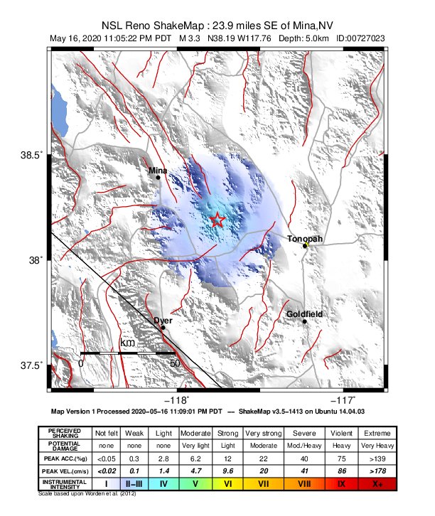 USGS ShakeMap: estimated shaking intensity around the epicenter