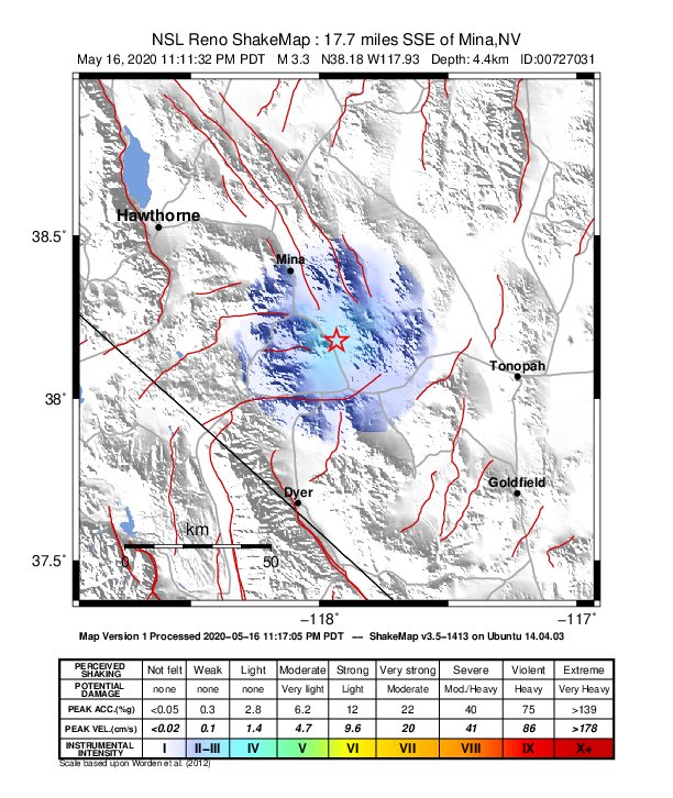USGS ShakeMap: estimated shaking intensity around the epicenter