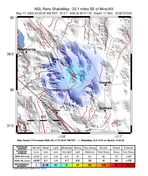 USGS ShakeMap: estimated shaking intensity around the epicenter