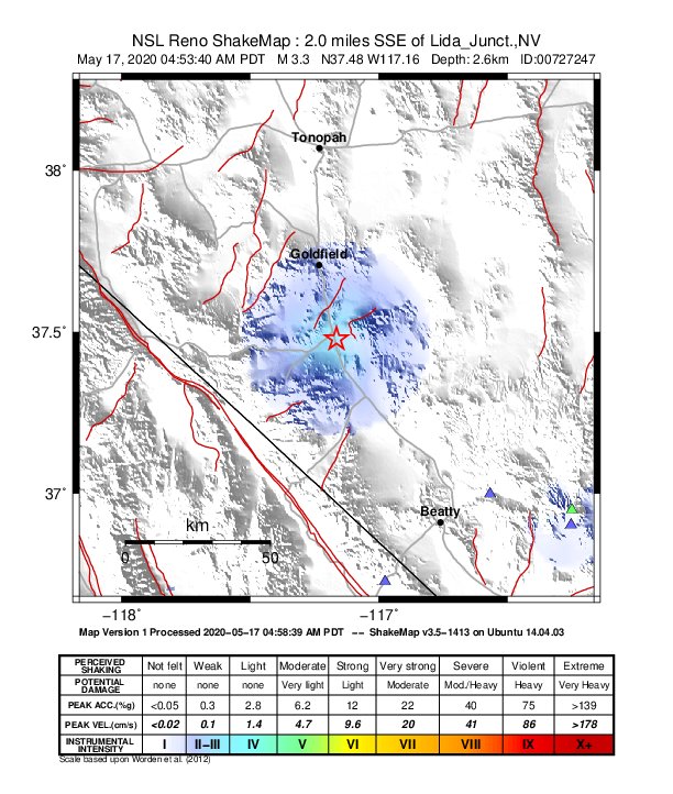 USGS ShakeMap: estimated shaking intensity around the epicenter