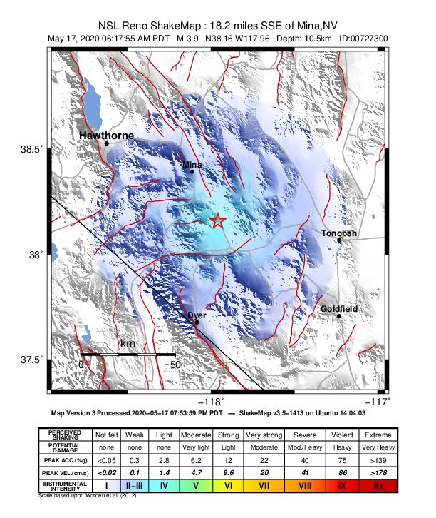 USGS ShakeMap: estimated shaking intensity around the epicenter