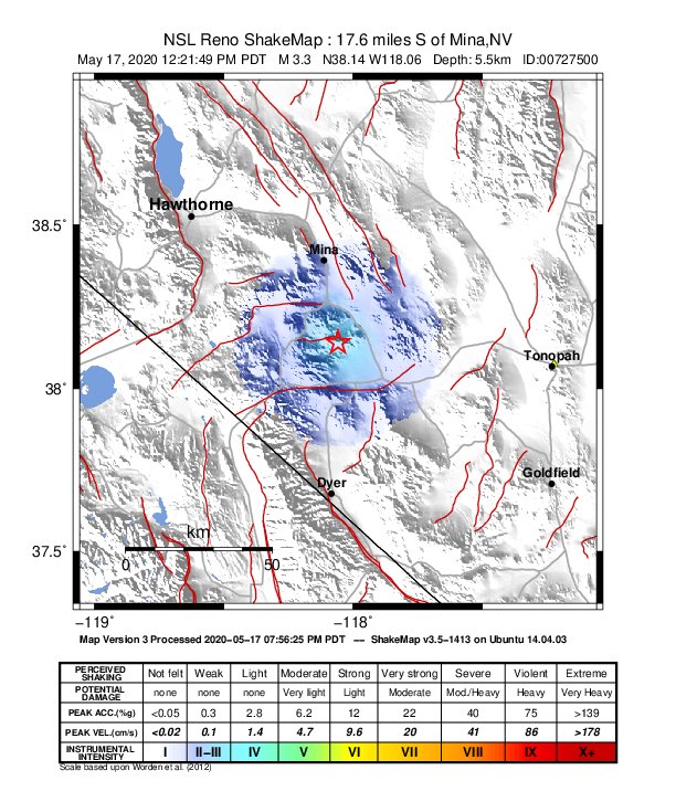 USGS ShakeMap: estimated shaking intensity around the epicenter