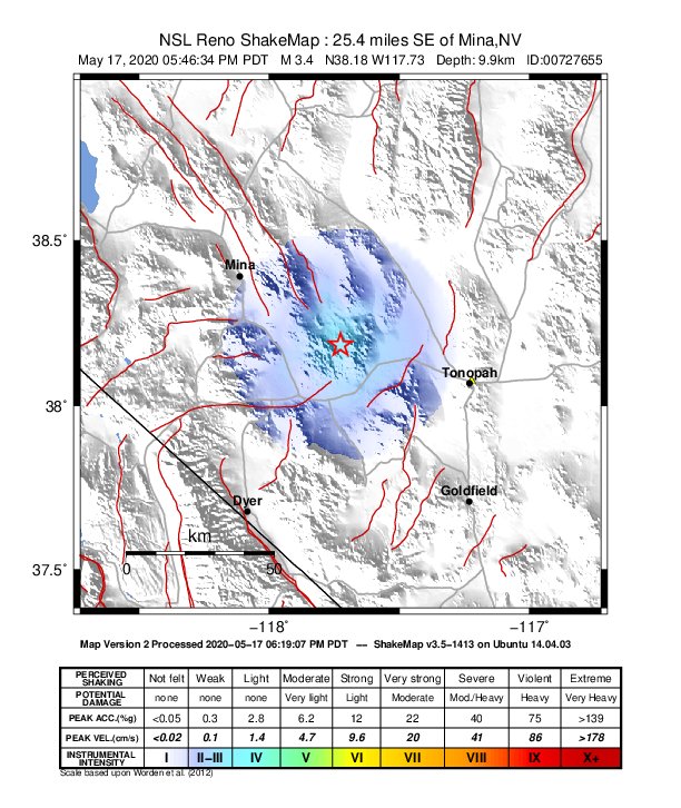 USGS ShakeMap: estimated shaking intensity around the epicenter