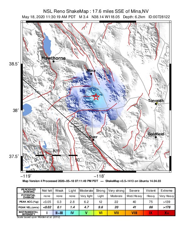 USGS ShakeMap: estimated shaking intensity around the epicenter