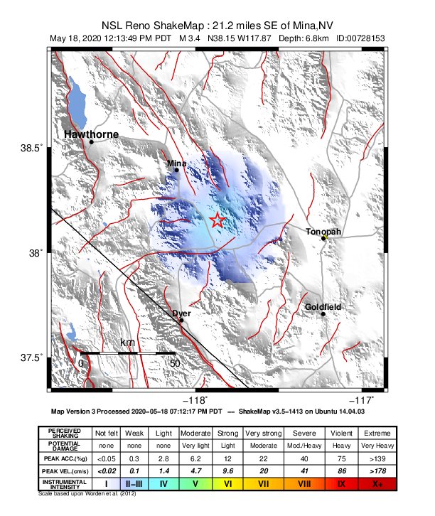 USGS ShakeMap: estimated shaking intensity around the epicenter