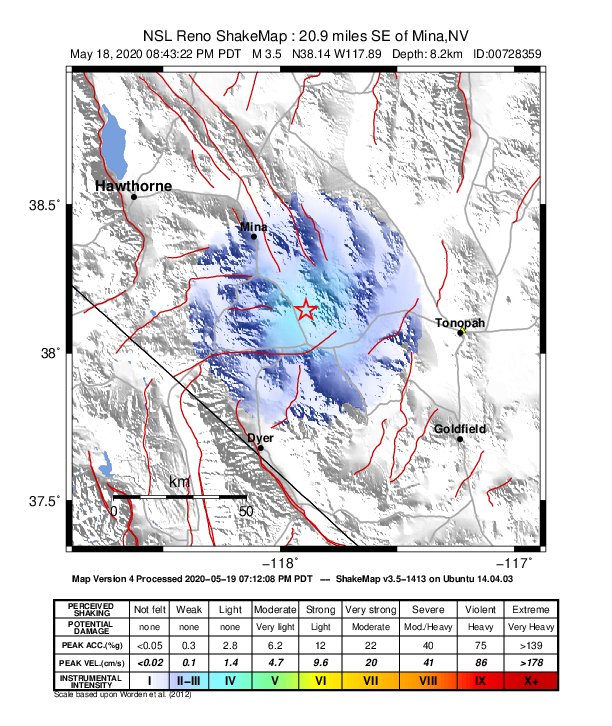 USGS ShakeMap: estimated shaking intensity around the epicenter