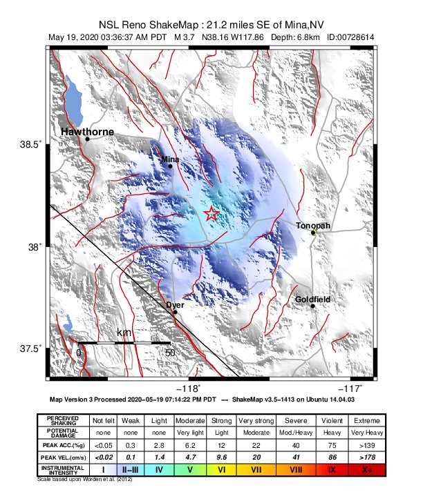 USGS ShakeMap: estimated shaking intensity around the epicenter