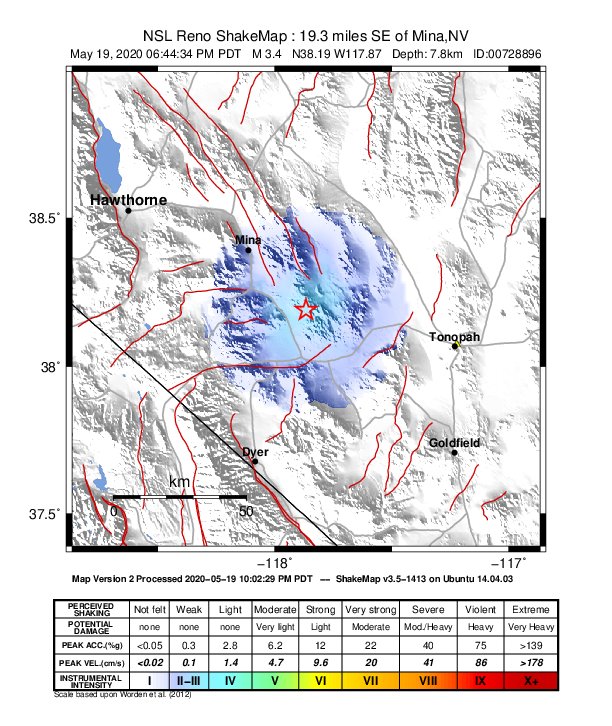 USGS ShakeMap: estimated shaking intensity around the epicenter