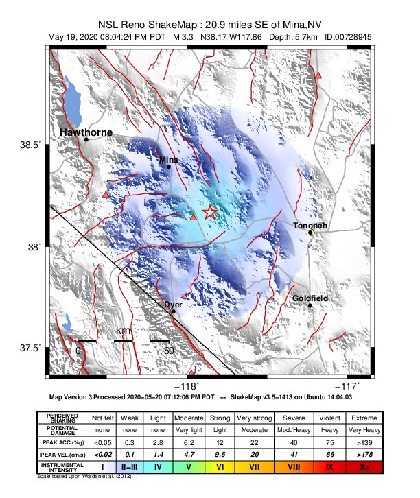 USGS ShakeMap: estimated shaking intensity around the epicenter