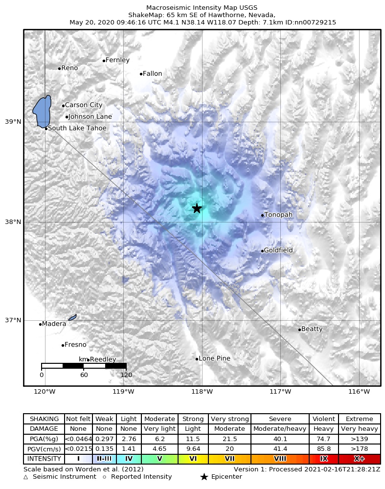 USGS ShakeMap: estimated shaking intensity around the epicenter