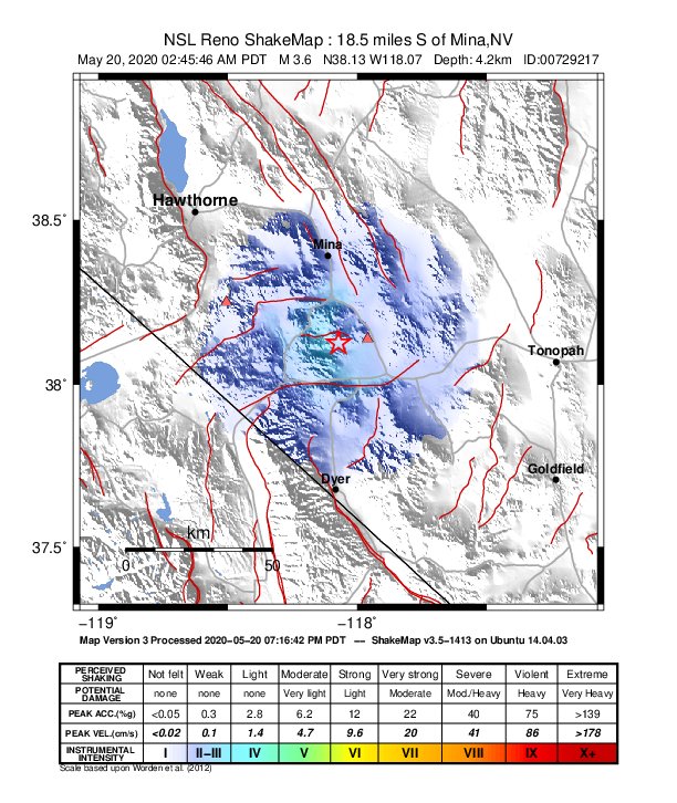 USGS ShakeMap: estimated shaking intensity around the epicenter