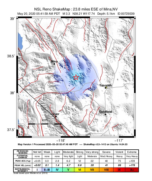 USGS ShakeMap: estimated shaking intensity around the epicenter