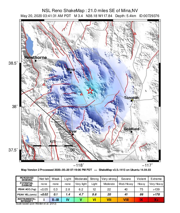 USGS ShakeMap: estimated shaking intensity around the epicenter