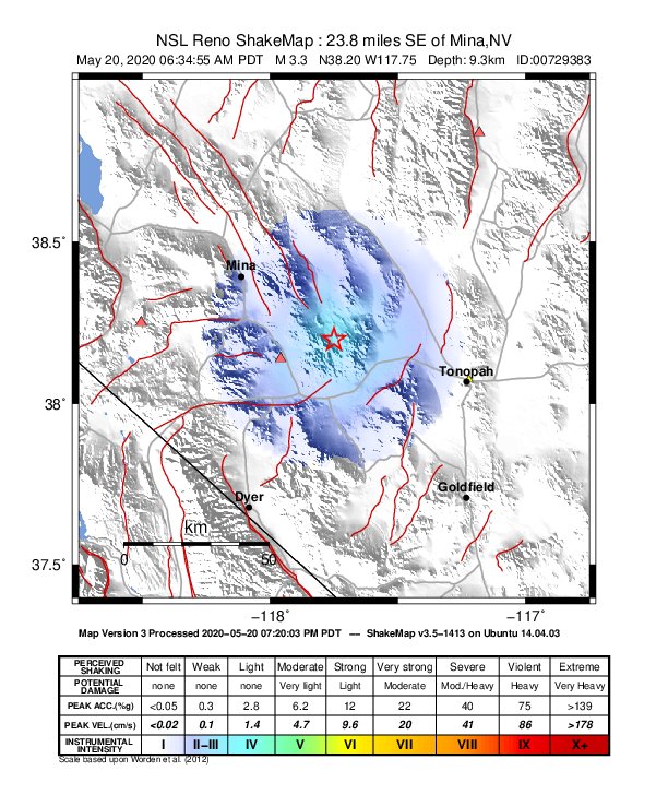 USGS ShakeMap: estimated shaking intensity around the epicenter