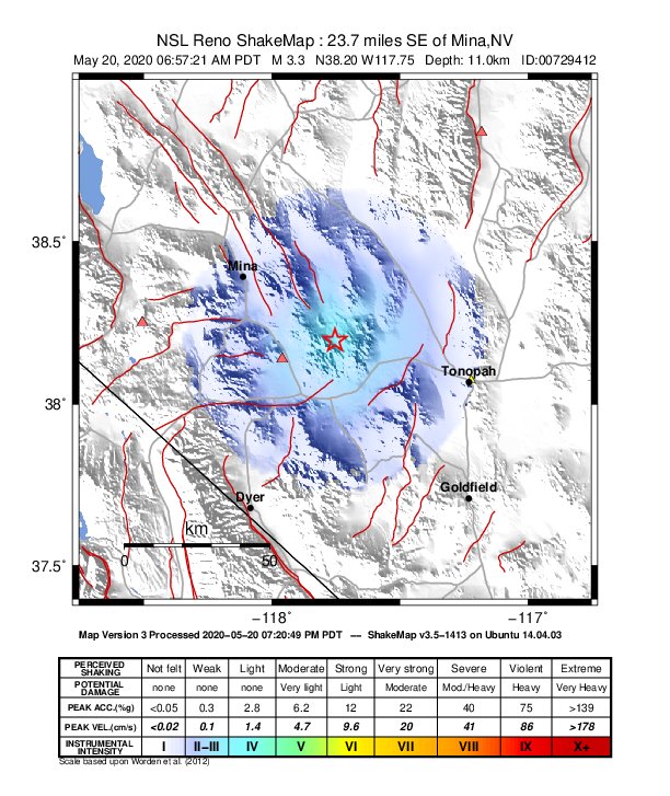 USGS ShakeMap: estimated shaking intensity around the epicenter