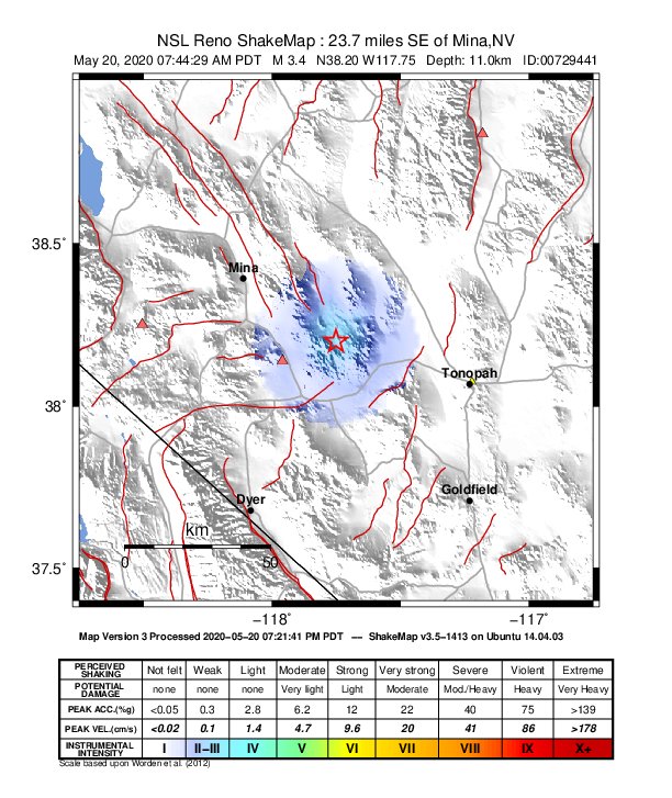 USGS ShakeMap: estimated shaking intensity around the epicenter