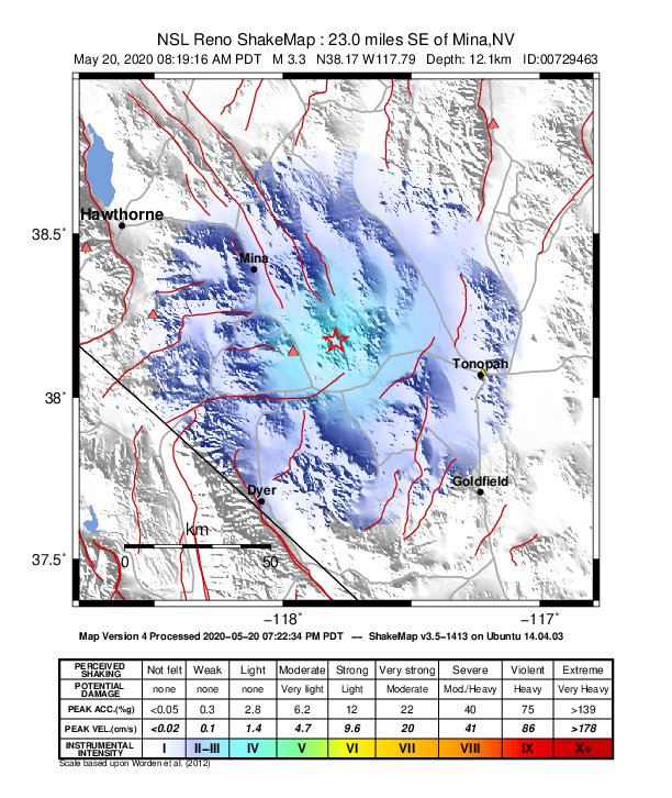 USGS ShakeMap: estimated shaking intensity around the epicenter