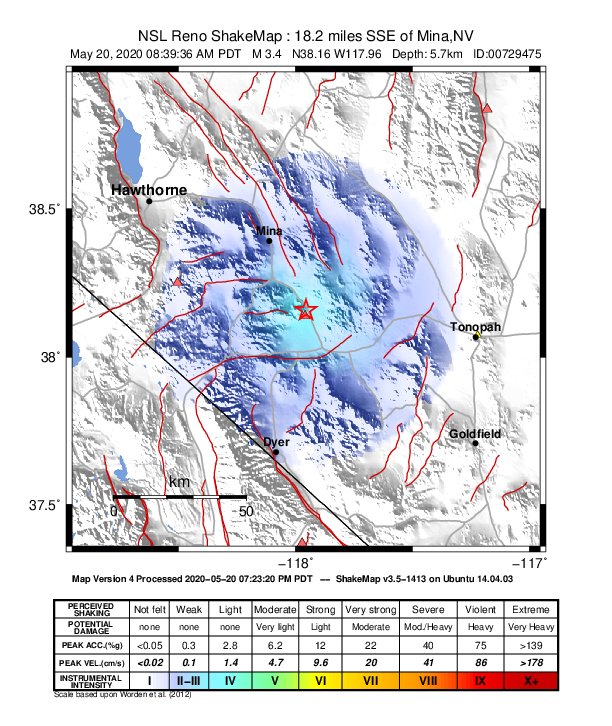 USGS ShakeMap: estimated shaking intensity around the epicenter