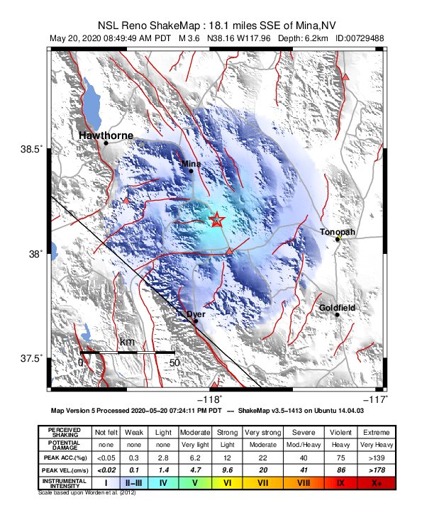 USGS ShakeMap: estimated shaking intensity around the epicenter