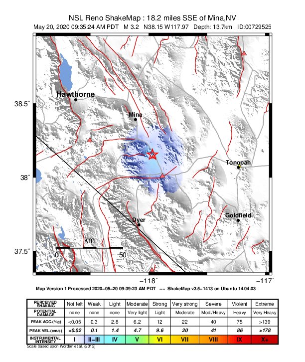 USGS ShakeMap: estimated shaking intensity around the epicenter