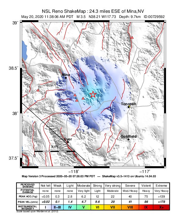USGS ShakeMap: estimated shaking intensity around the epicenter