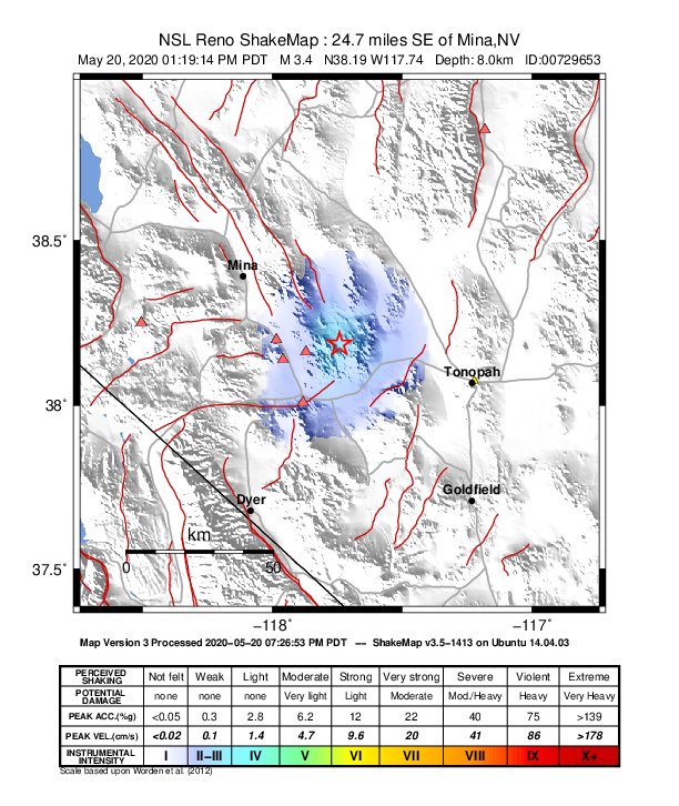 USGS ShakeMap: estimated shaking intensity around the epicenter
