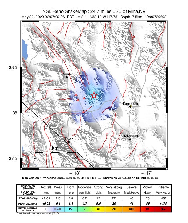 USGS ShakeMap: estimated shaking intensity around the epicenter