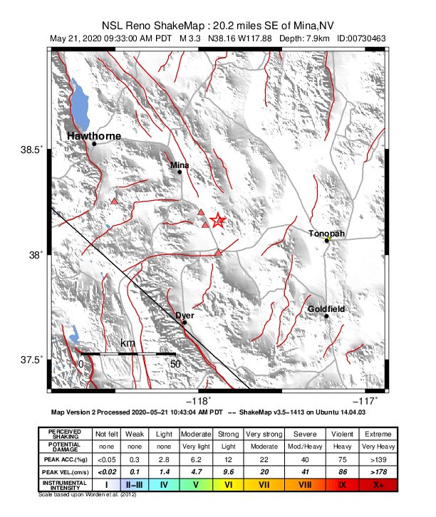 USGS ShakeMap: estimated shaking intensity around the epicenter