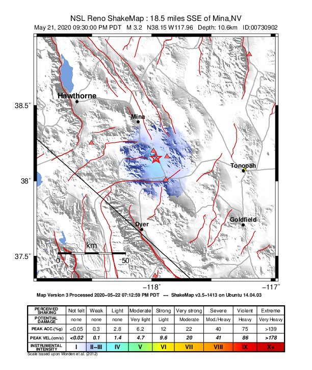 USGS ShakeMap: estimated shaking intensity around the epicenter