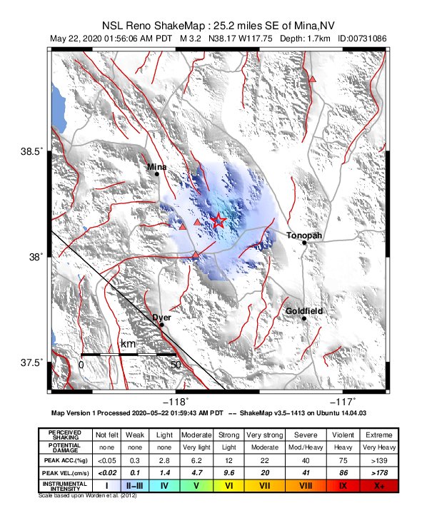USGS ShakeMap: estimated shaking intensity around the epicenter