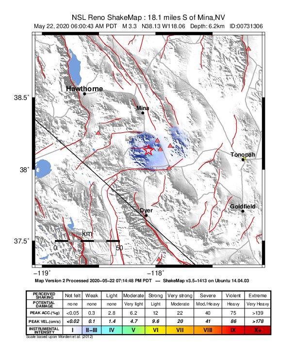 USGS ShakeMap: estimated shaking intensity around the epicenter