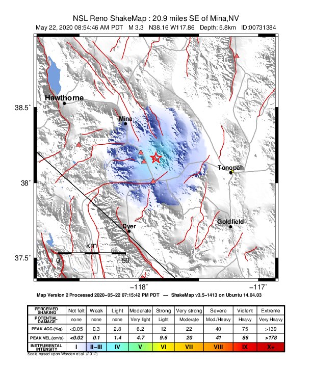 USGS ShakeMap: estimated shaking intensity around the epicenter