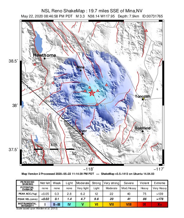 USGS ShakeMap: estimated shaking intensity around the epicenter