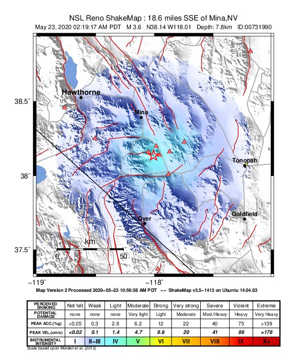 USGS ShakeMap: estimated shaking intensity around the epicenter
