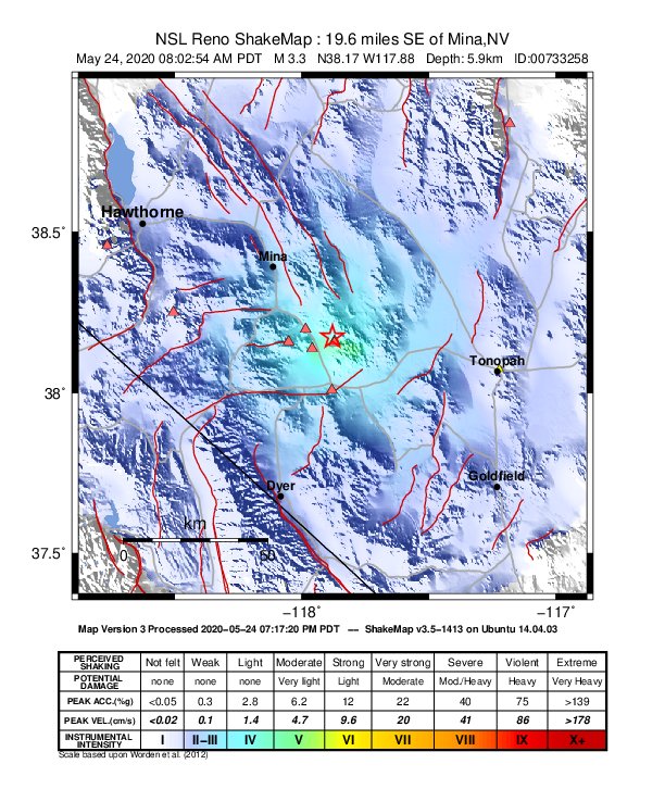 USGS ShakeMap: estimated shaking intensity around the epicenter