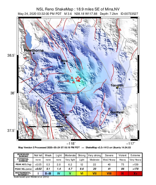 USGS ShakeMap: estimated shaking intensity around the epicenter