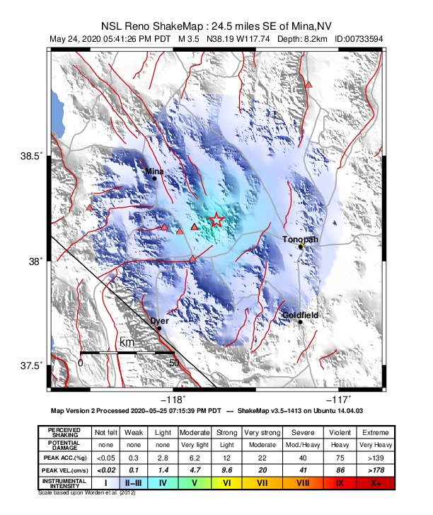 USGS ShakeMap: estimated shaking intensity around the epicenter