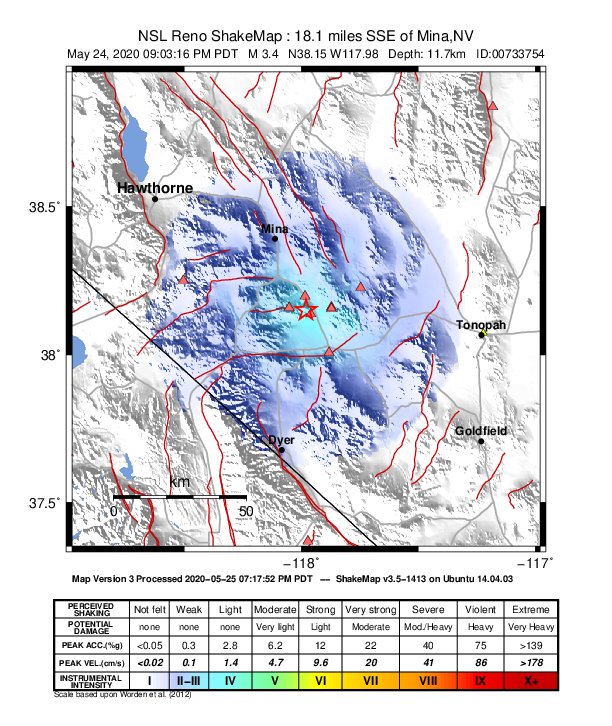 USGS ShakeMap: estimated shaking intensity around the epicenter
