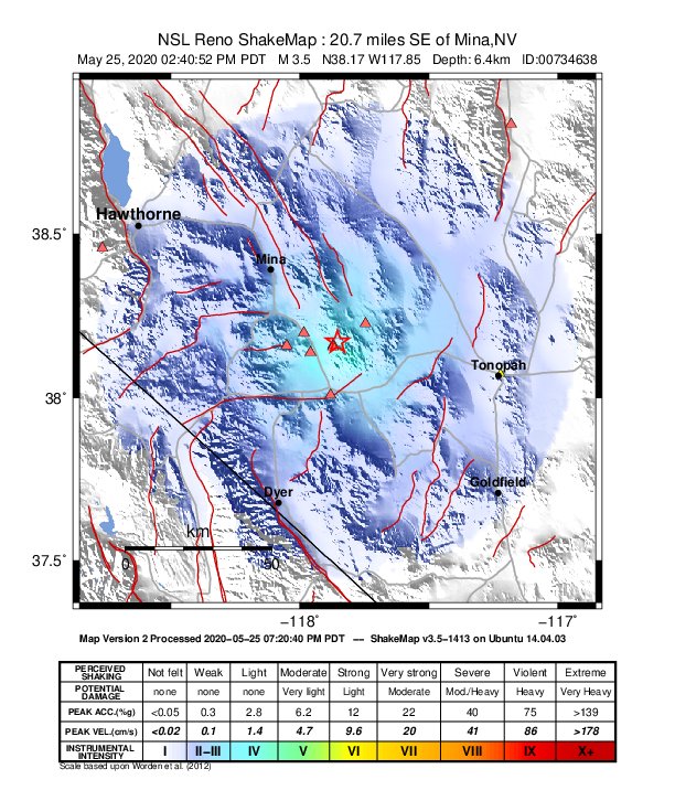 USGS ShakeMap: estimated shaking intensity around the epicenter