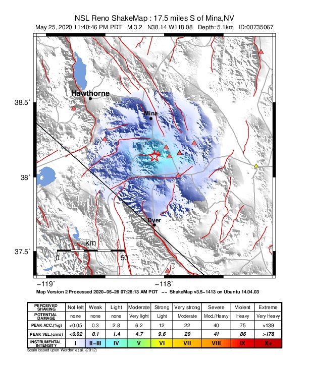 USGS ShakeMap: estimated shaking intensity around the epicenter