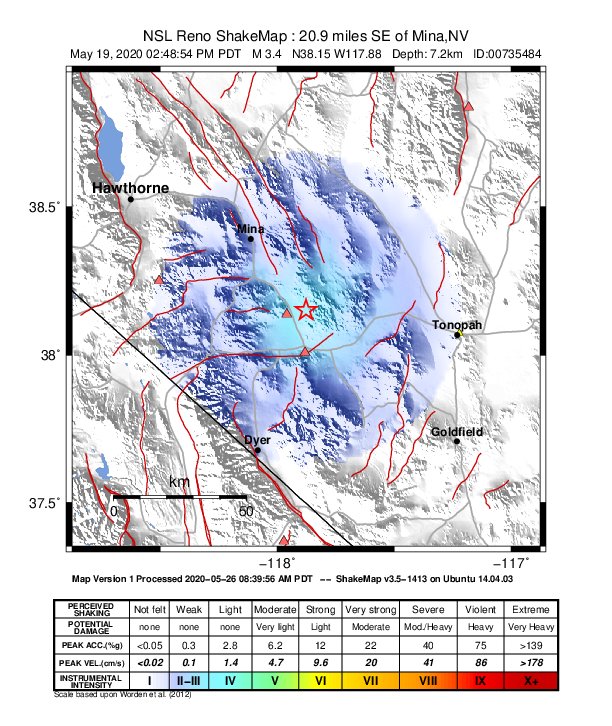 USGS ShakeMap: estimated shaking intensity around the epicenter
