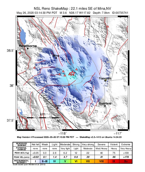 USGS ShakeMap: estimated shaking intensity around the epicenter