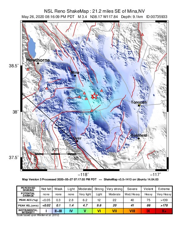 USGS ShakeMap: estimated shaking intensity around the epicenter
