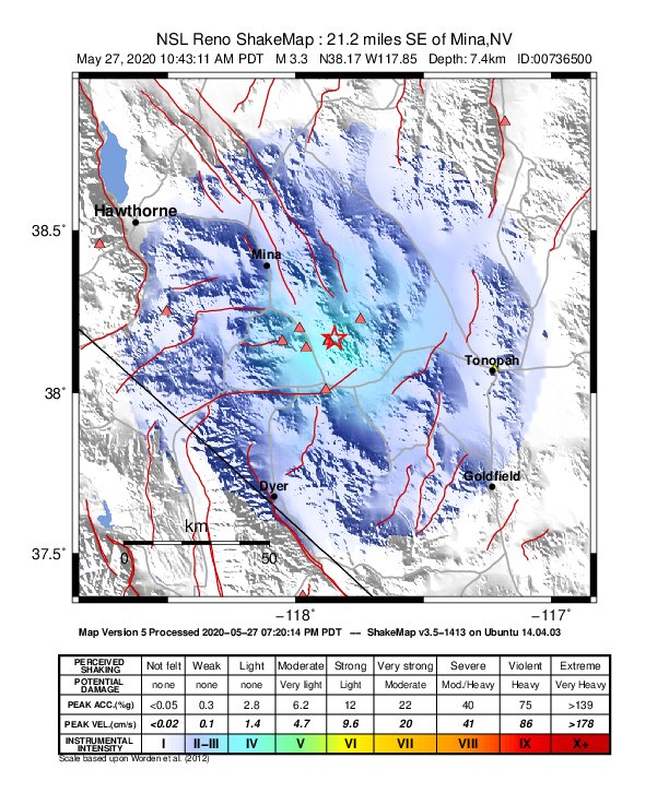 USGS ShakeMap: estimated shaking intensity around the epicenter