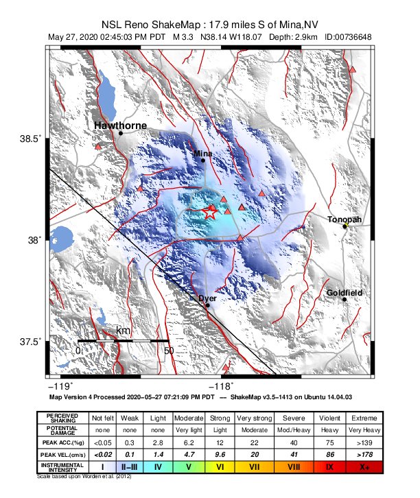 USGS ShakeMap: estimated shaking intensity around the epicenter