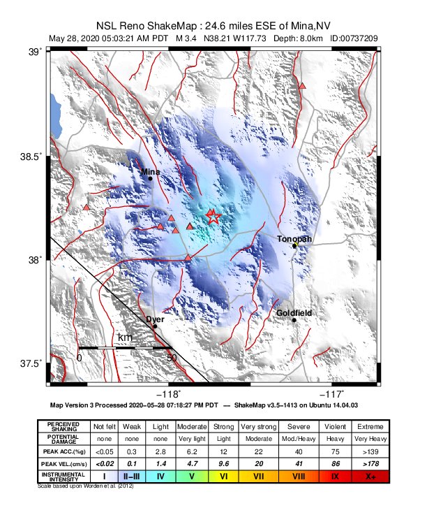 USGS ShakeMap: estimated shaking intensity around the epicenter