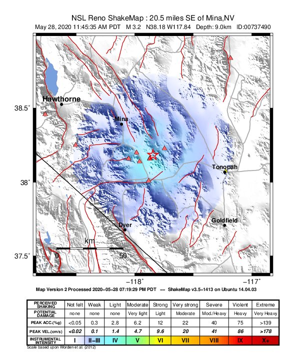 USGS ShakeMap: estimated shaking intensity around the epicenter